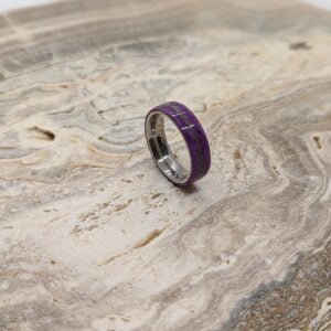 Amethyst, stone, purple dyed box elder burl wood inlaid on stainless steel band