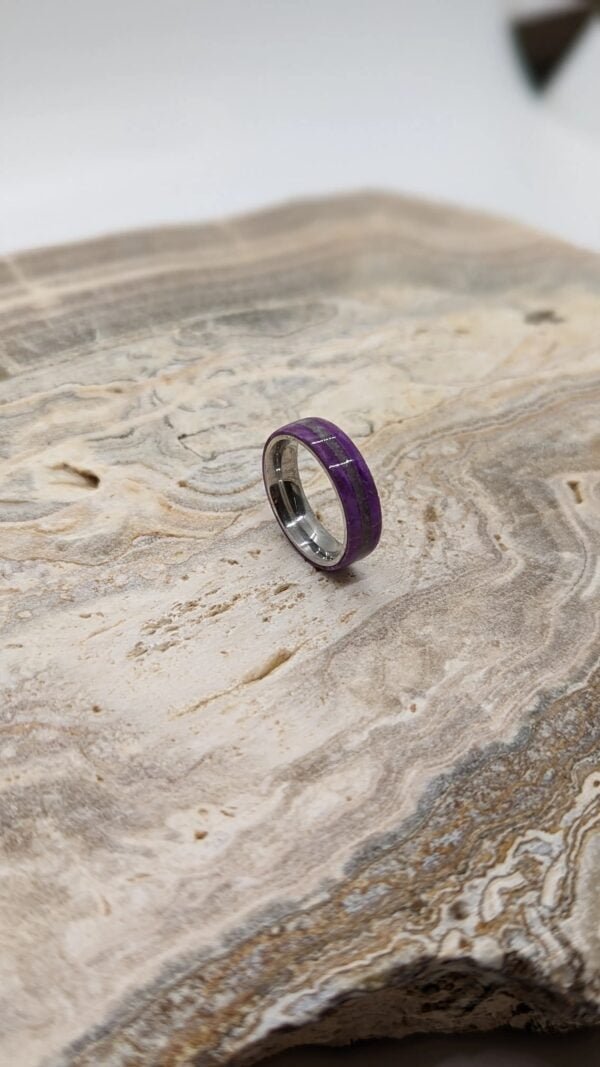 Amethyst, stone, purple dyed box elder burl wood inlaid on stainless steel band