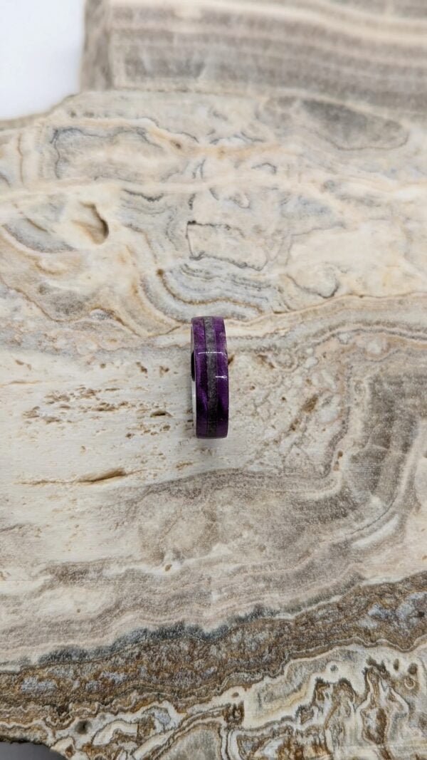 purple dyed box elder burl wood inlaid with Amethyst, stone on stainless steel band