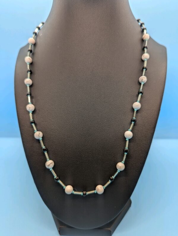 14 White Howlite with Turquoise Black Beaded Necklace scaled