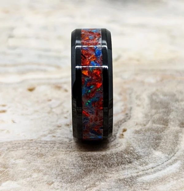 Size 8, Black Ceramic Ring with Ruby Red and Pacific Blue Lab Grown Opal, White Aqua Glow